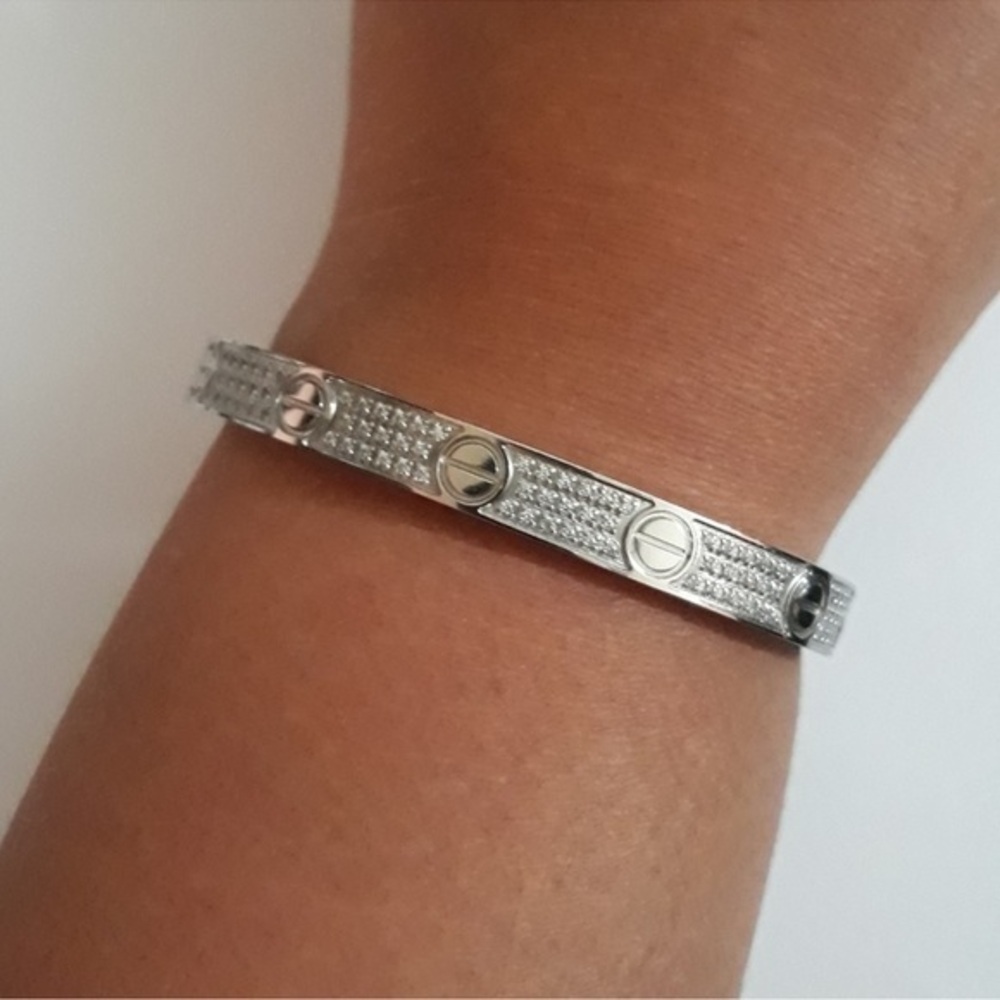 Pave Diamond LOVE Screw Bangle Bracelet with Screwdriver in Silver